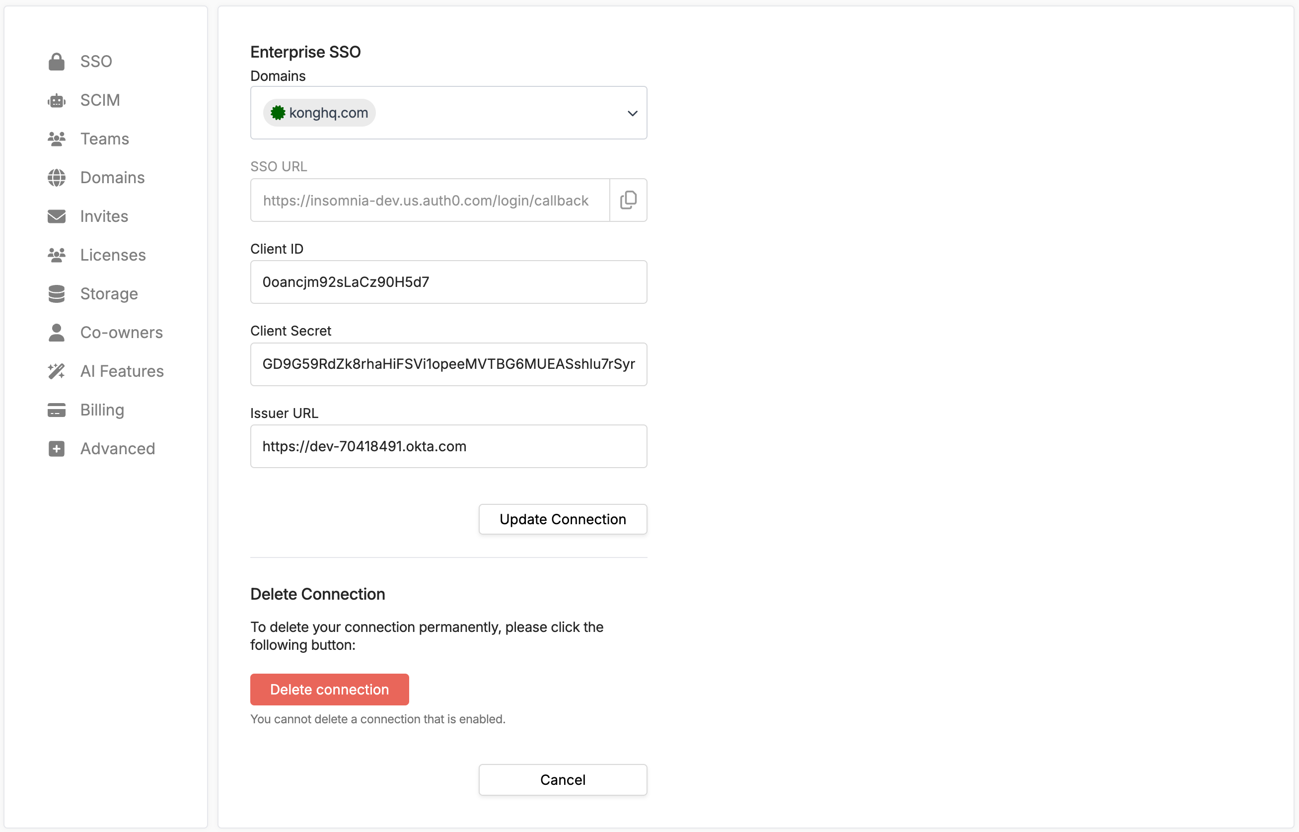 insomnia enterprise sso set domain