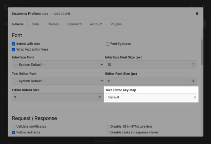 Access text editor key map options through the general preferences tab.
