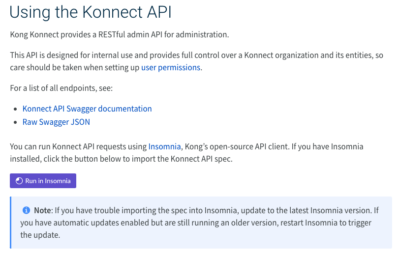 The Run in Insomnia button appears on an API documentation page.