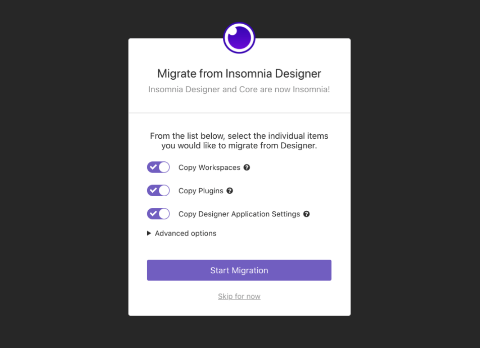 The migration modal shows different migration options to copy workspaces, plugins, and designer application settings.