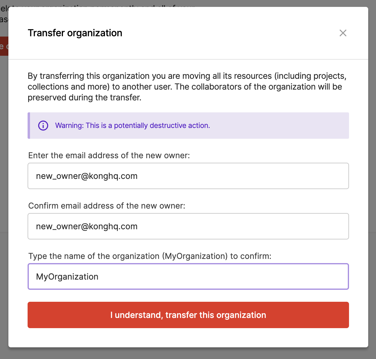 Organization Transfer Modal