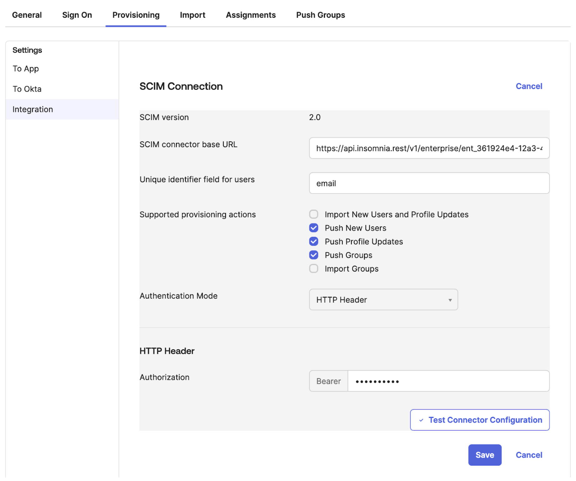 okta provisioning tab